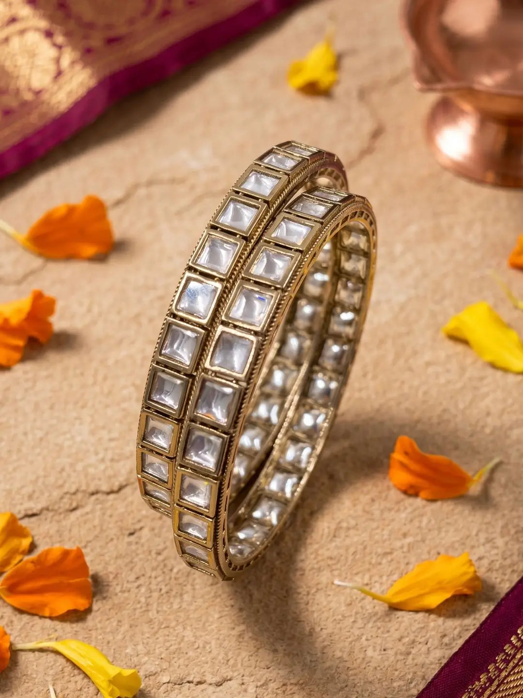 Antique Victorian Finish Sleek Square Shape Polki Bangles For Women | Festive Wear