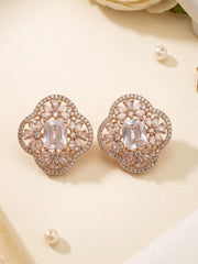 Gold-tone floral stud earrings with a rectangular zircon centre and smaller zircon accents, suitable for sarees, lehengas, kurta sets and Indo-Western looks.