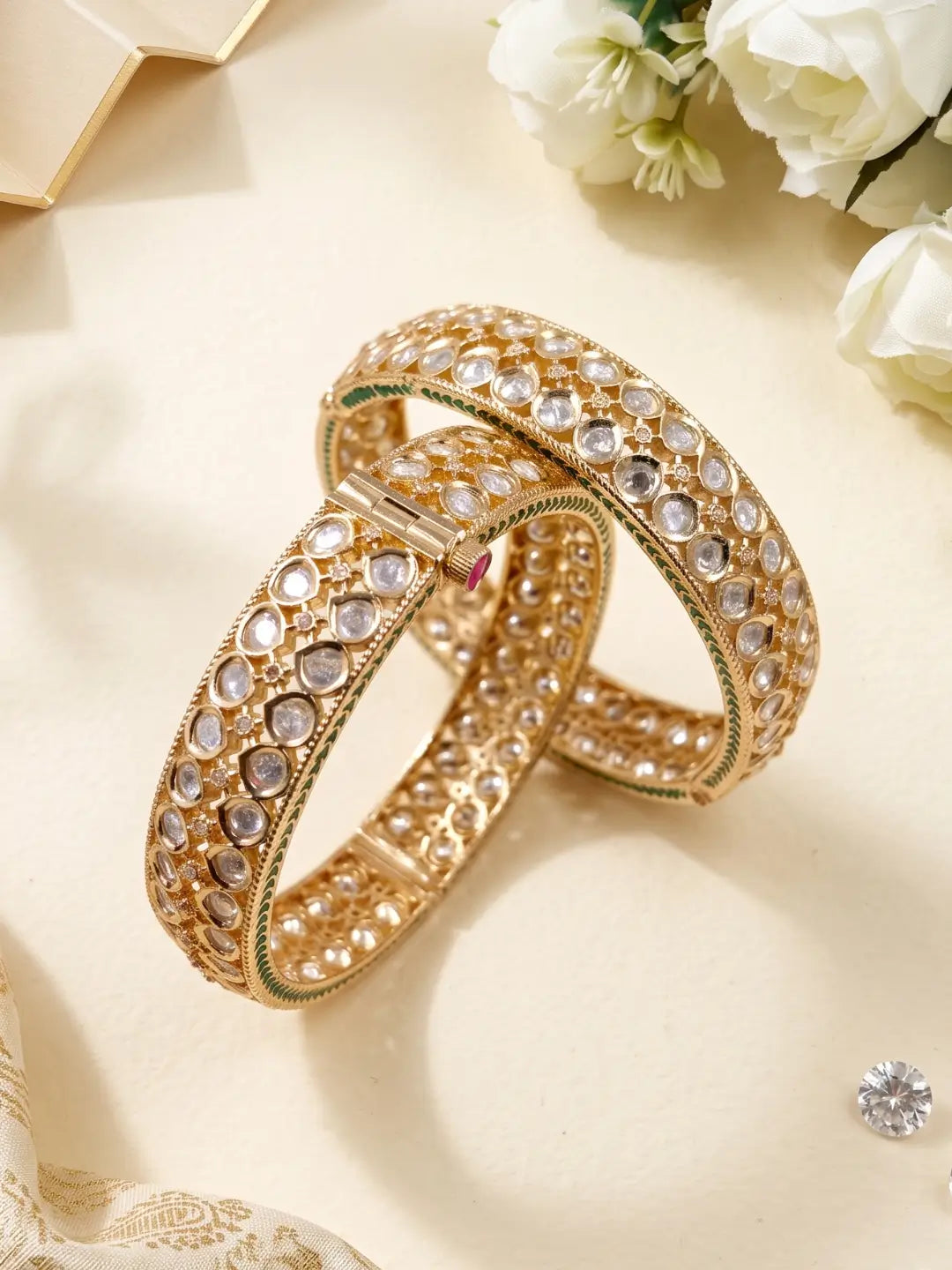 Traditional Gold Plated Polki Kundan Style Openable Bangles For Women | Festive & Wedding Jewellery