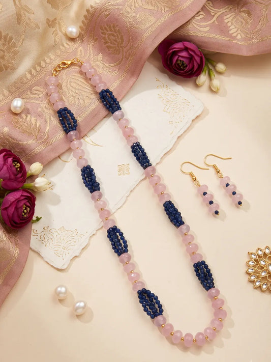 Traditional blue and pink beaded jewellery set with faceted rose quartz beads, fine blue beadwork and matching drop earrings for wedding celebrations