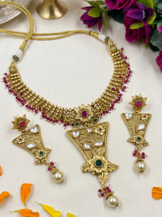 Traditional Gold Plated Antique Necklace Set For Women | Wedding & Festive Wear Jewellery Set