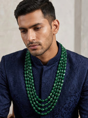 Men's wedding necklace with multiple strands of polished, box-shaped green jade beads arranged in a layered design for traditional groom attire.