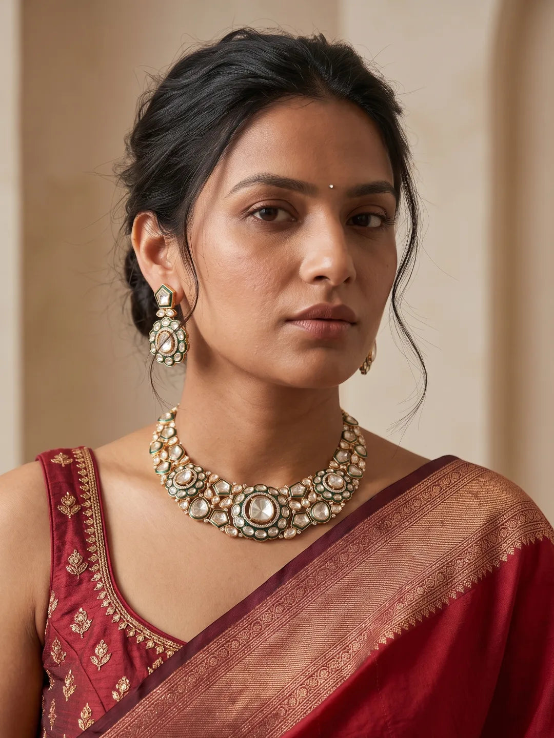 Coordinated green Kundan Polki-style jewellery set featuring a symmetrical necklace design, intricate stonework and matching drop earrings.