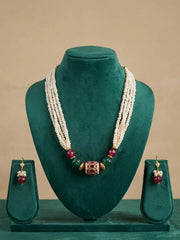 Traditional pearl jewellery set with multiple freshwater pearl strands, red and green jade beads and matching lever-back earrings.