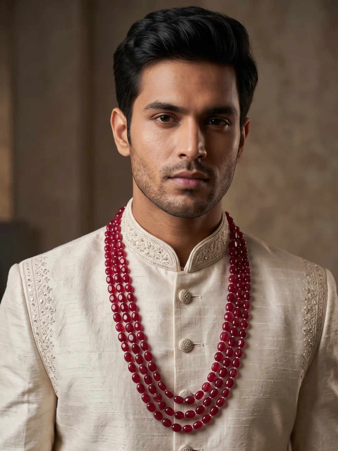 Triple layer ruby pink groom necklace with repeating polished beads, subtle gold-tone details and an adjustable dori fit.