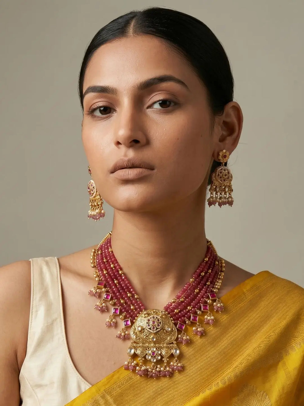 Woman wearing a traditional antique beaded jewelry necklace set 