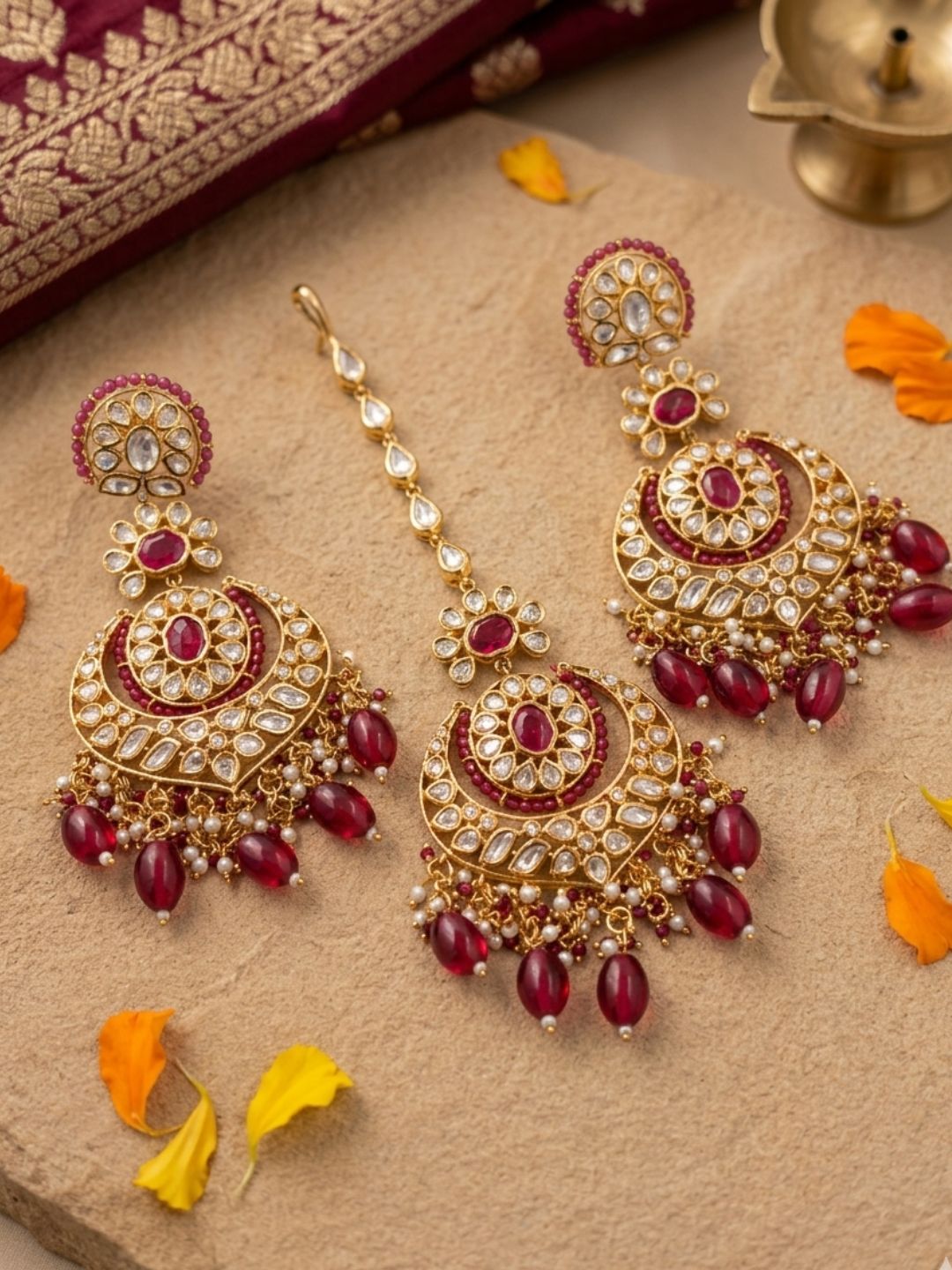 Designer Ruby Red Kundan Bridal Choker Necklace With Maang Tikka & Earrings | Indian Bridal Jewellery