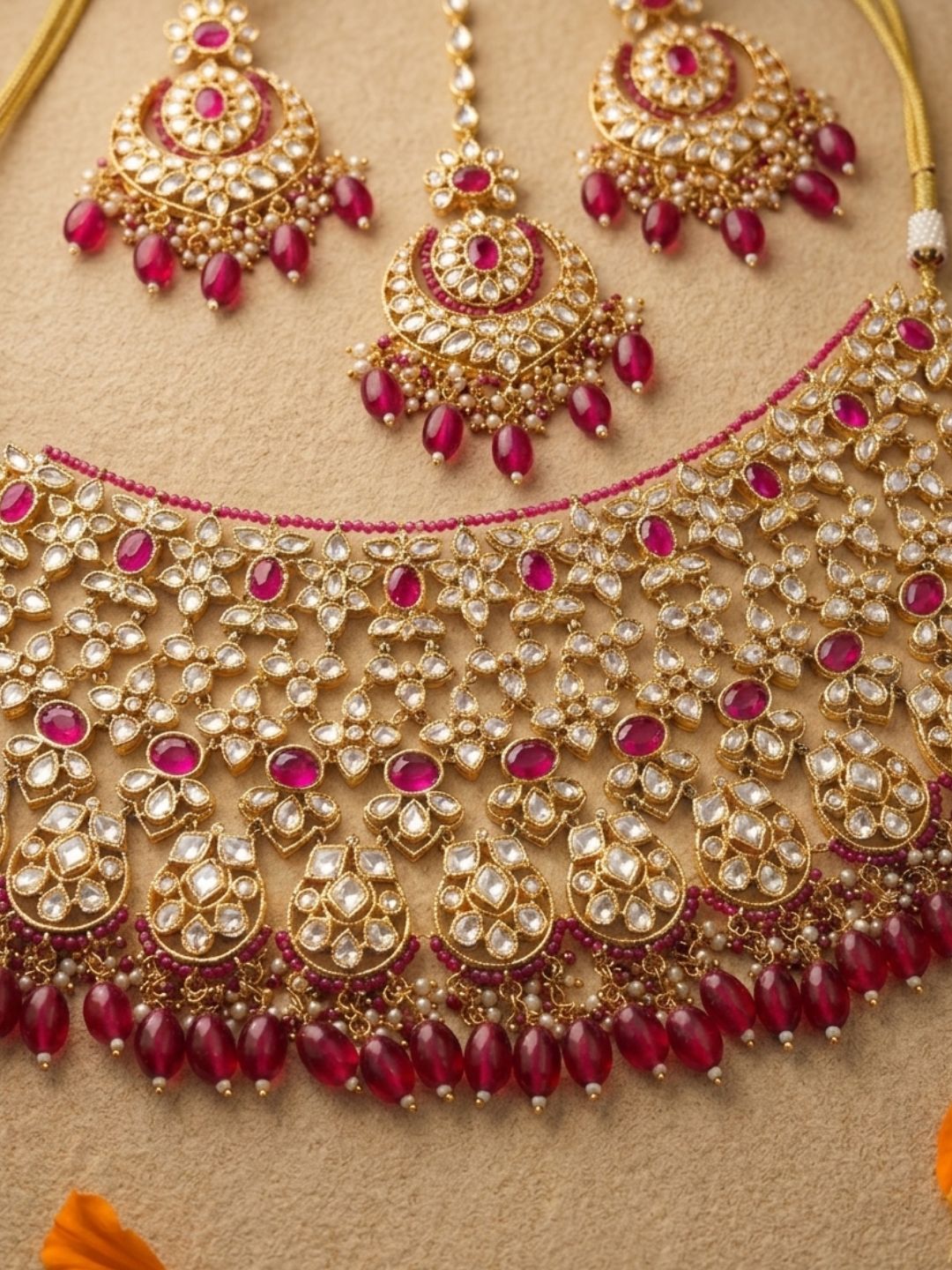 Designer Ruby Red Kundan Bridal Choker Necklace With Maang Tikka & Earrings | Indian Bridal Jewellery