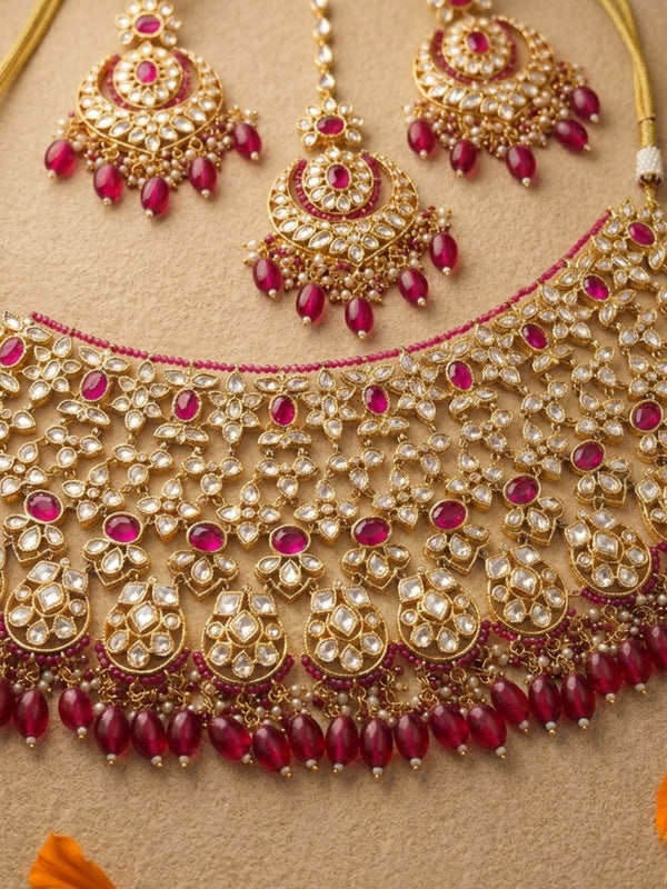 Designer Ruby Red Kundan Bridal Choker Necklace With Maang Tikka & Earrings | Indian Bridal Jewellery