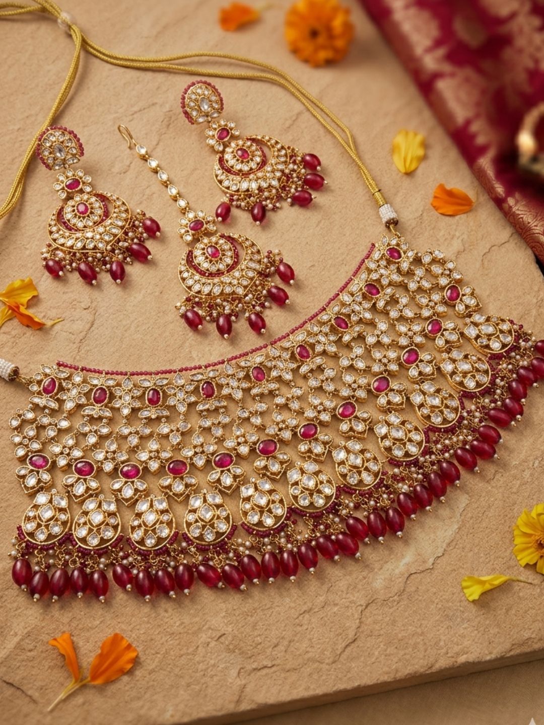 Designer Ruby Red Kundan Bridal Choker Necklace With Maang Tikka & Earrings | Indian Bridal Jewellery