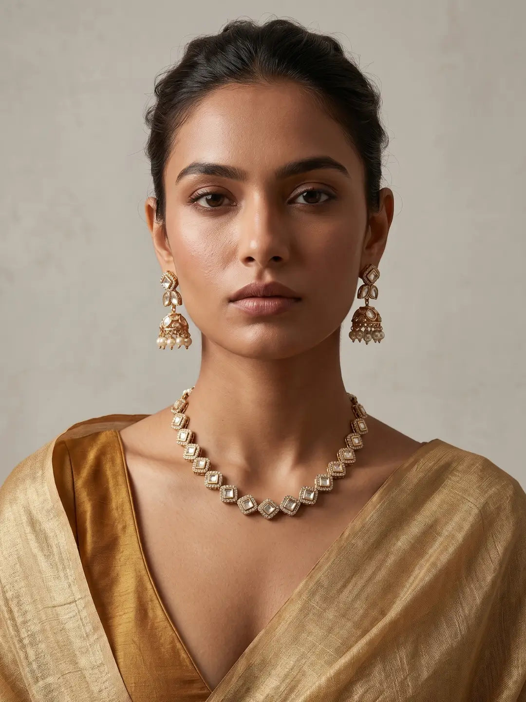 White CZ and Polki stone choker necklace set with matching jhumka earrings and gold-tone detailing for ethnic wedding jewellery.