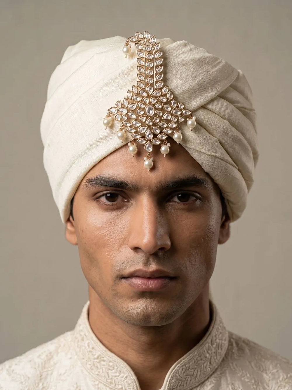 Groom wearing a white Designer Kundan Safa Kalgi styled for a traditional wedding ceremony
