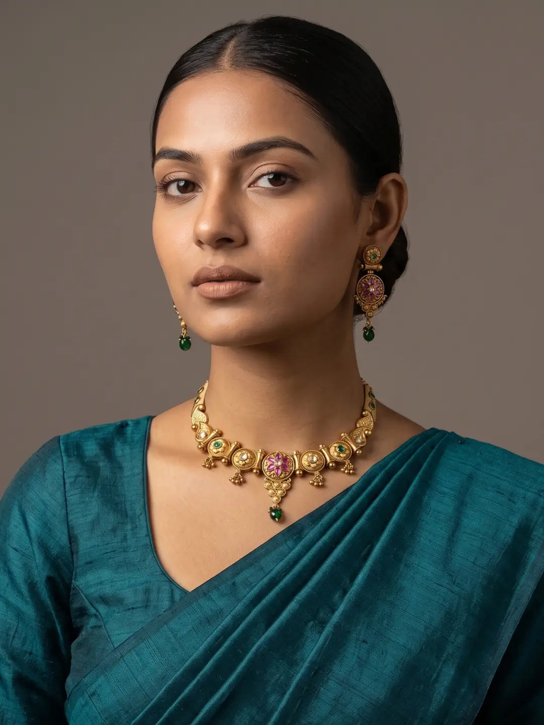 A woman wearing a teal green saree and a gold-plated necklace with pink and green stone accents, paired with matching earrings, set against a plain taupe background.