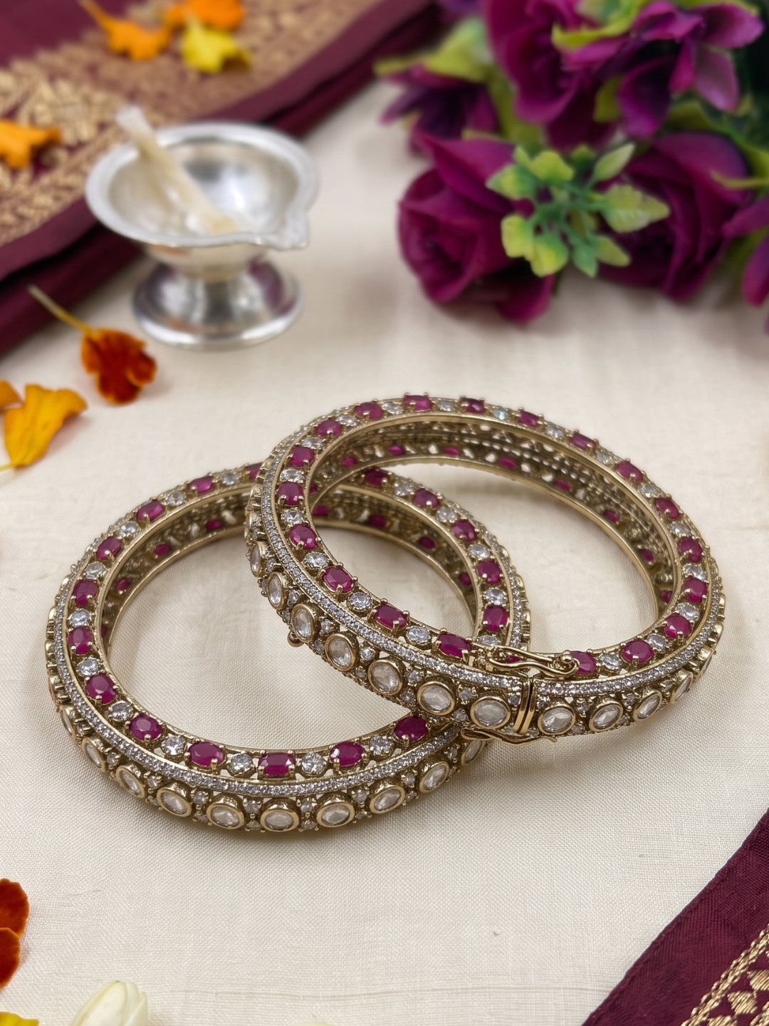 Designer Antique Victorian Polki Kundan Kada Bangles With Ruby and CZ Stones | Wedding & Bridal Bangles