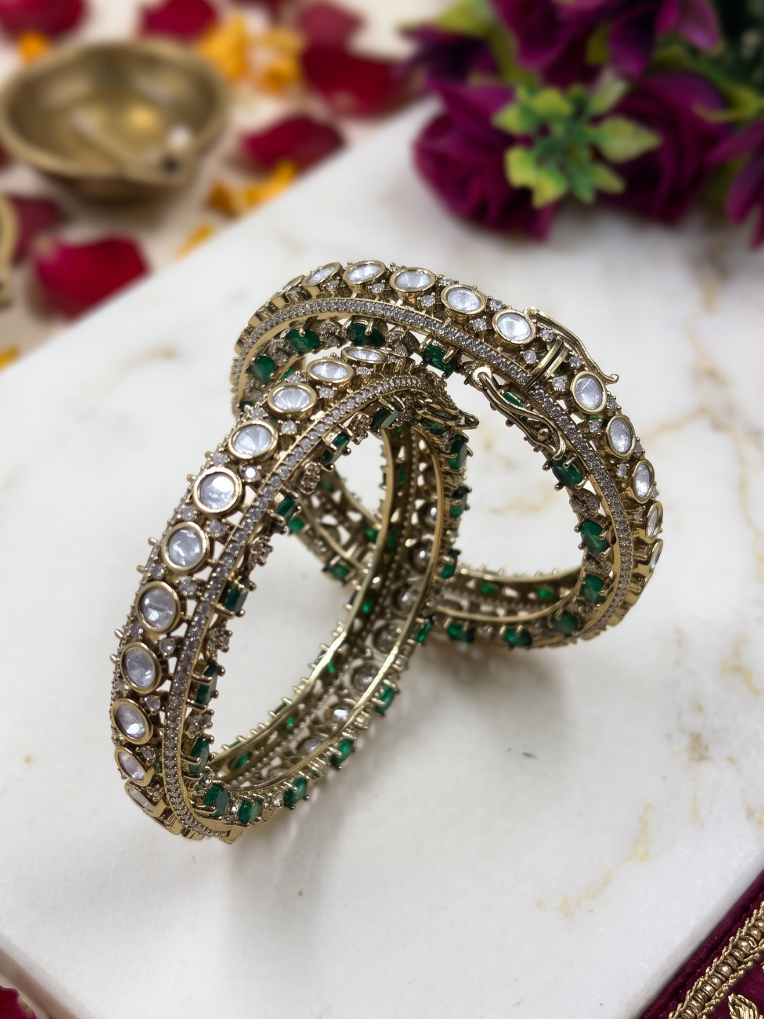 Luxury Antique Victorian Polki Kada Bangles With Emerald Stones | Wedding & Bridal Kada Bangles online