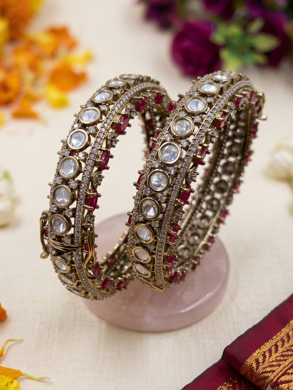 Designer Antique Victorian Polki Kundan Kada Bangles With Ruby Stones | Wedding & Bridal Bangles