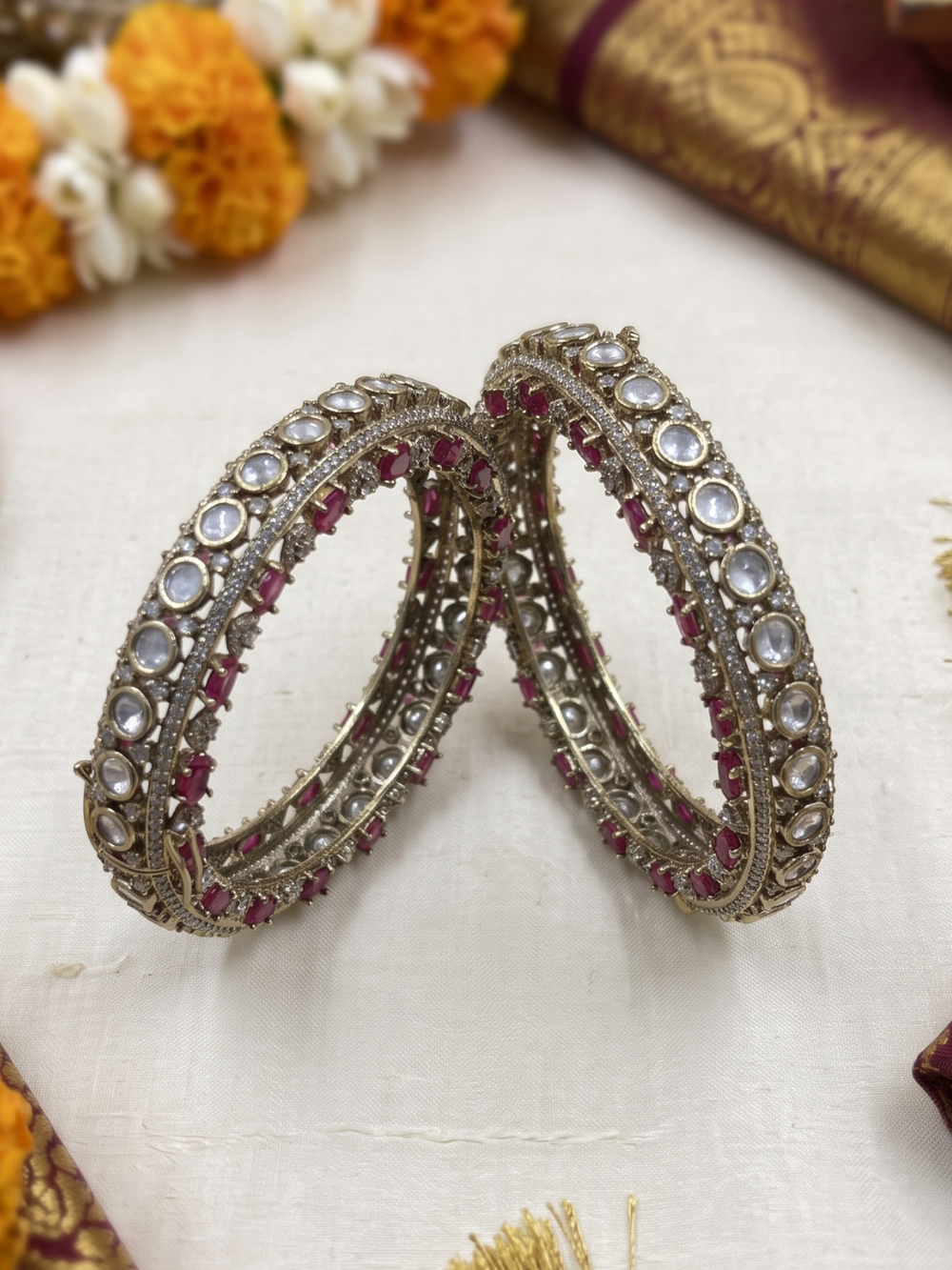 Designer Antique Victorian Polki Kundan Kada Bangles With Ruby Stones | Wedding & Bridal Bangles