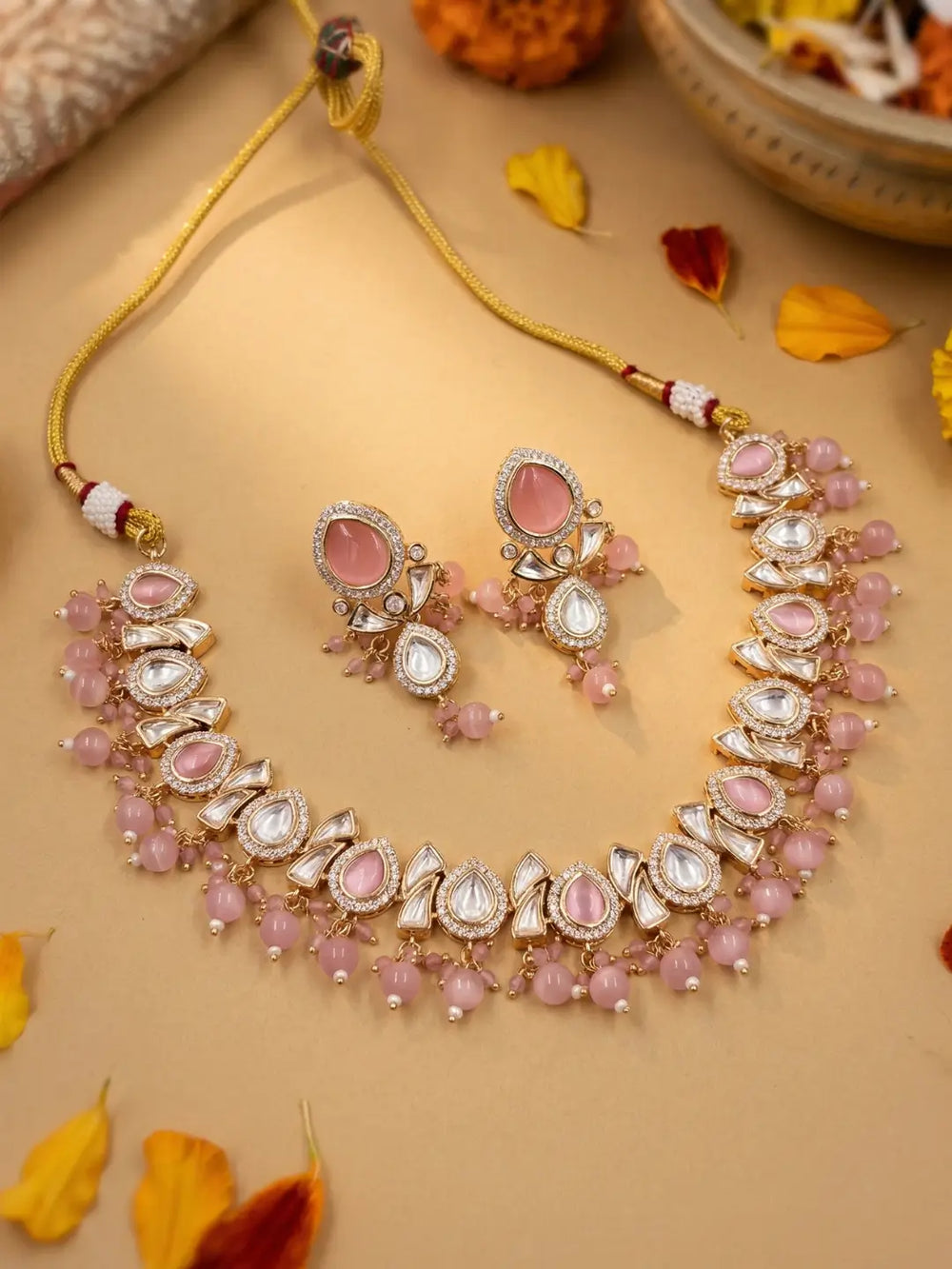 Elegant Beaded Kundan necklace set featuring handcrafted Pink And Kundan stones, delicate pearl drops, and matching earrings, perfect for bridal wear, weddings, festive occasions, and traditional Indian jewellery.