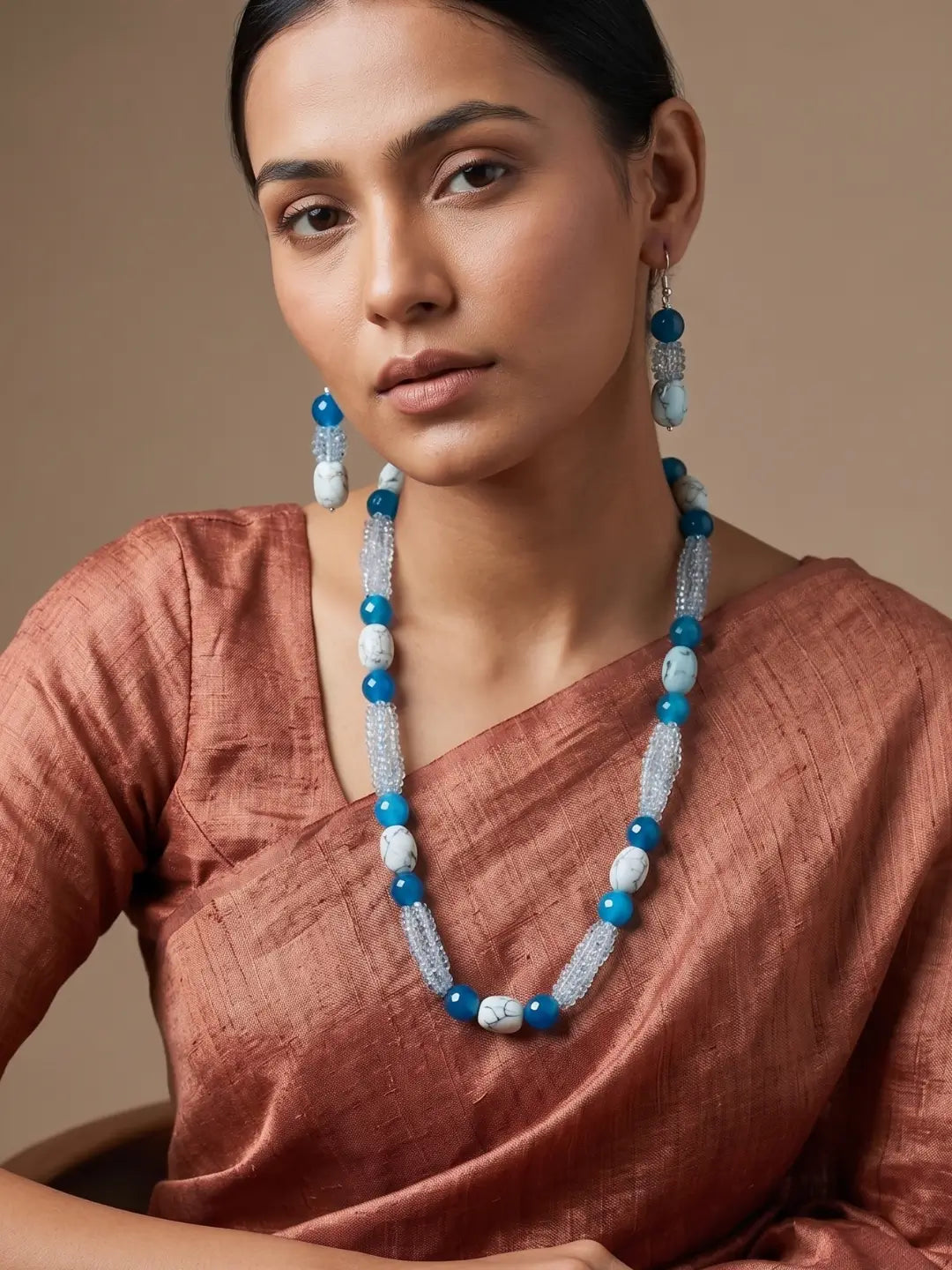 Designer Blue Onyx & Blue Topaz Multi Strand Beaded Necklace Set For Women | Blue Beads Necklace for women 