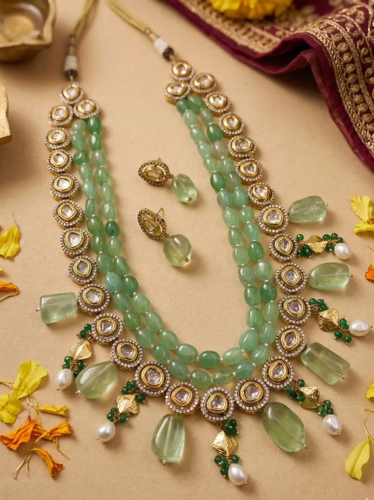 Designer Beaded Green Stone & Uncut Kundan Layered Necklace Set | Wedding & Festive Wear