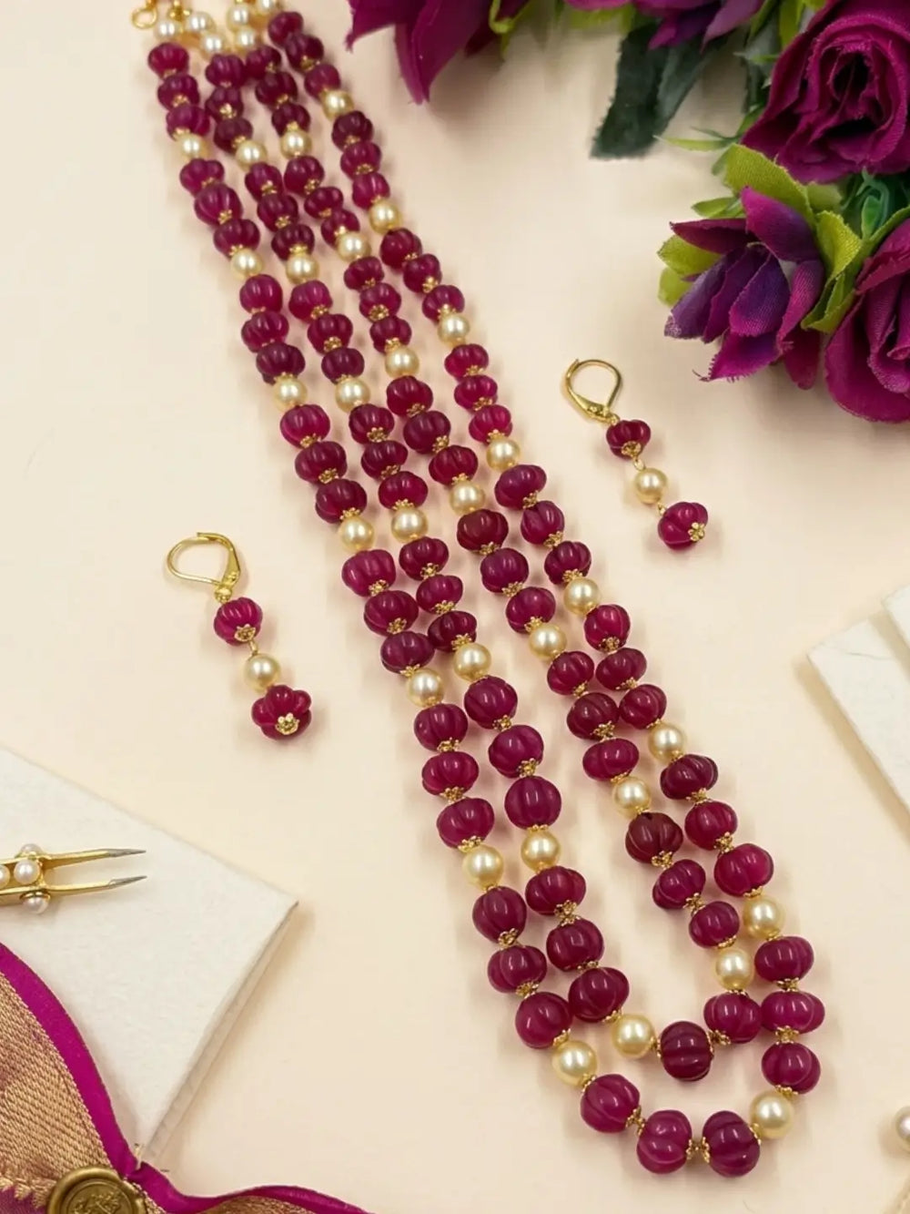 Natural Watermelon Shaped Ruby Red Jade Beaded Necklace With Drop Earrings | Ethnic Beaded Jewellery