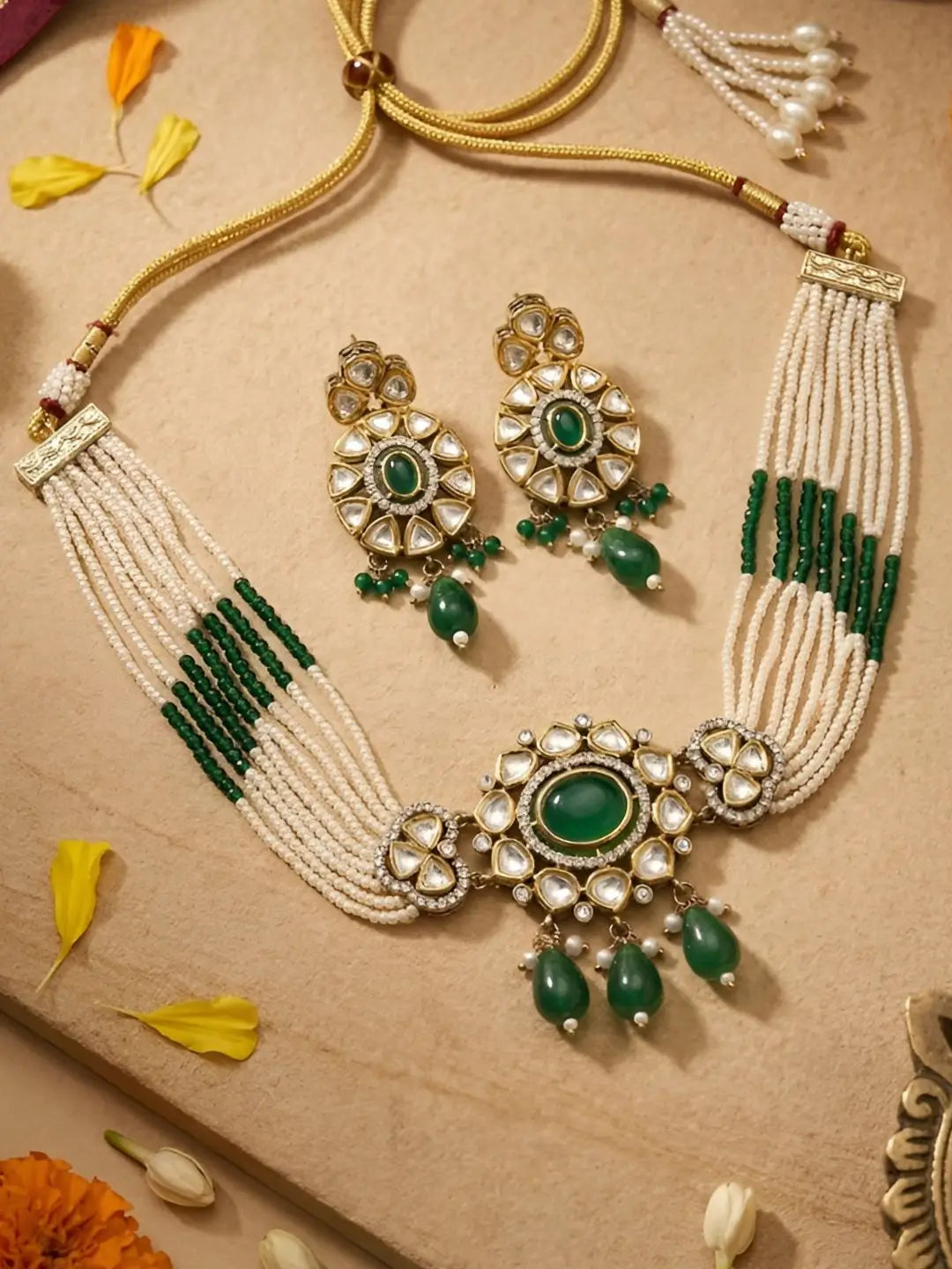 Dual Tone Mossanite Polki Beaded Pearls Choker Necklace Set - Wedding & Festive green Choker