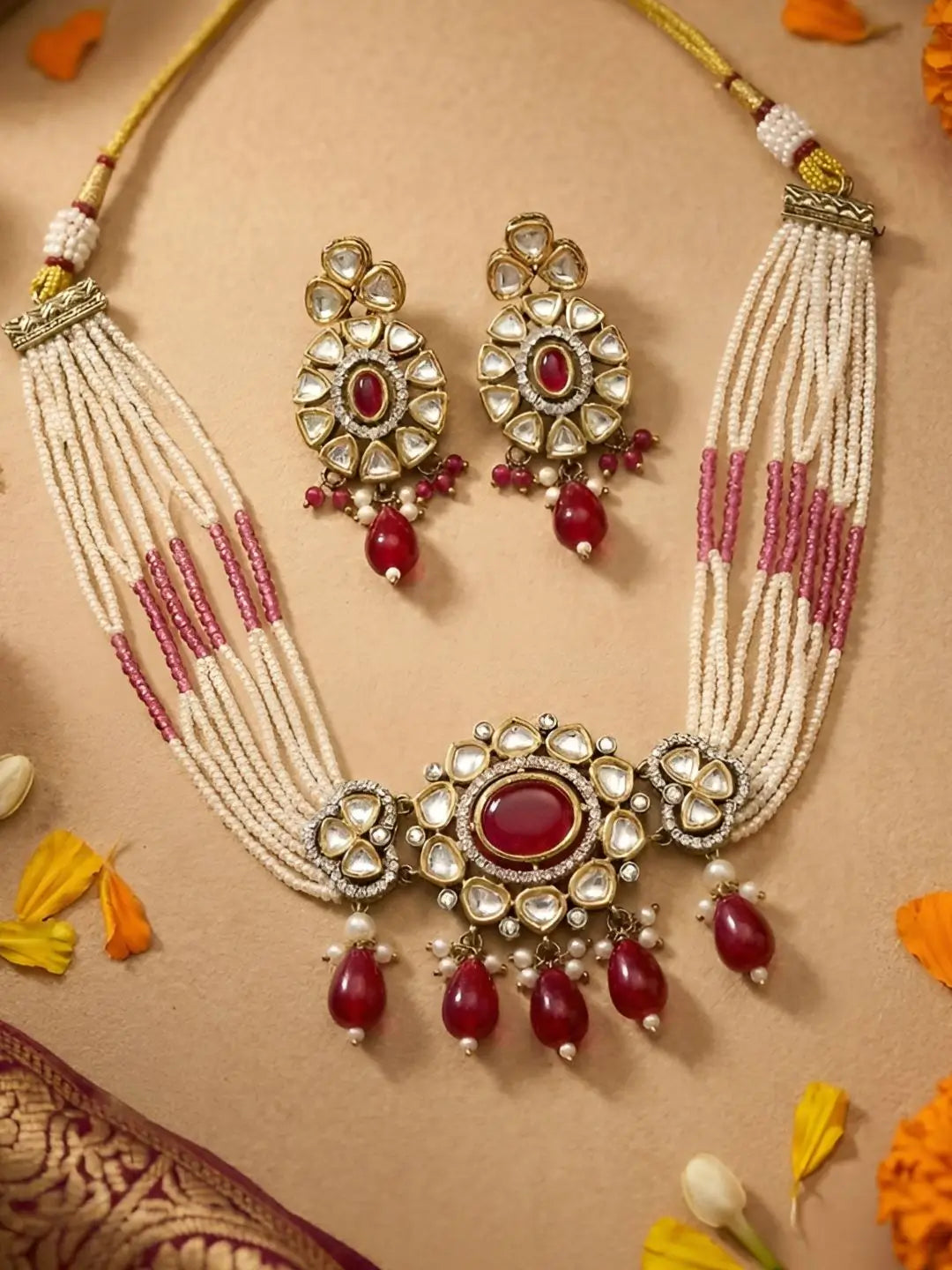 Dual Tone Mossanite Polki Beaded Pearls Choker Necklace Set - Wedding & Festive red Choker