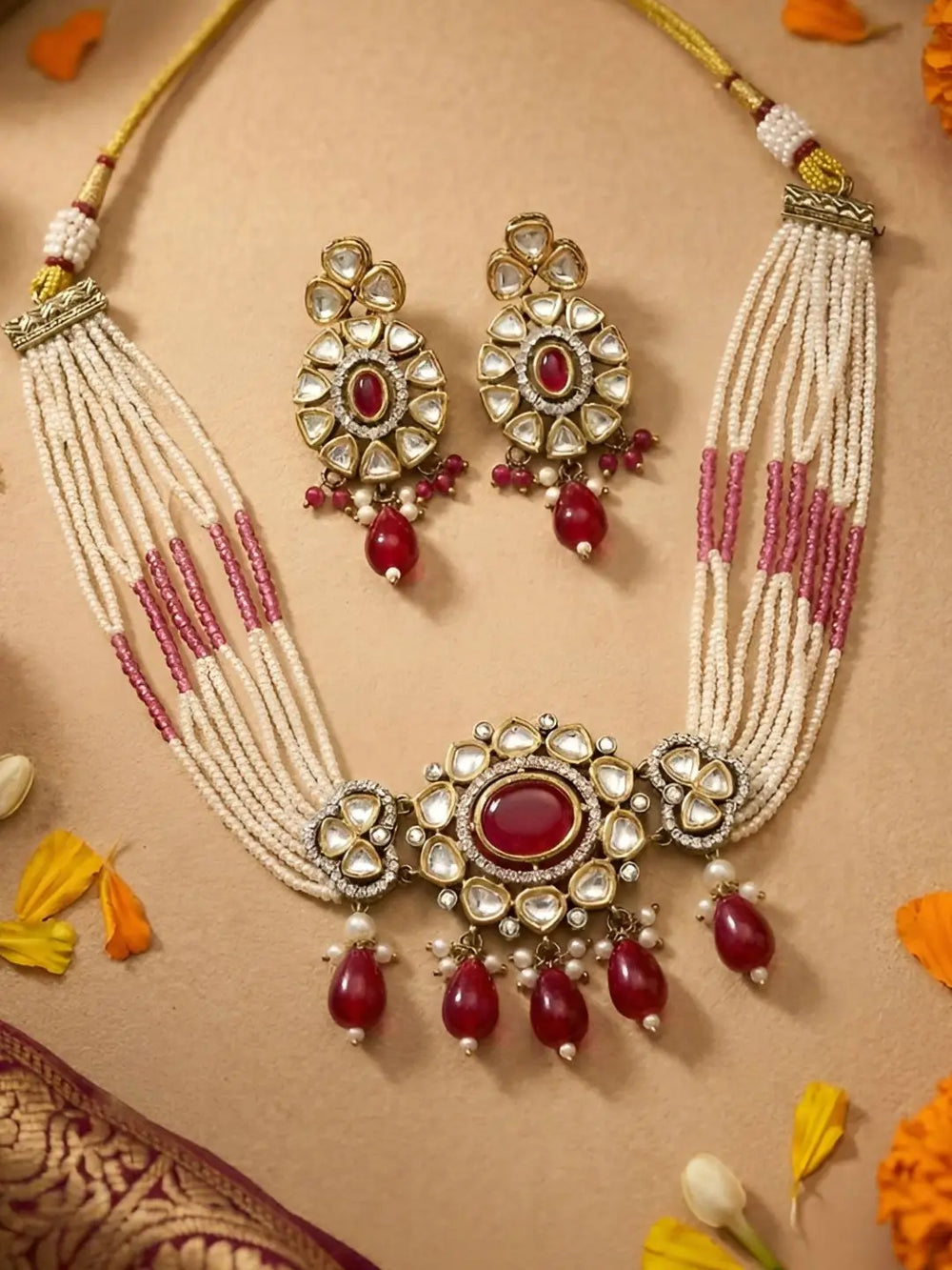 Dual Tone Mossanite Polki Beaded Pearls Choker Necklace Set - Wedding & Festive red Choker