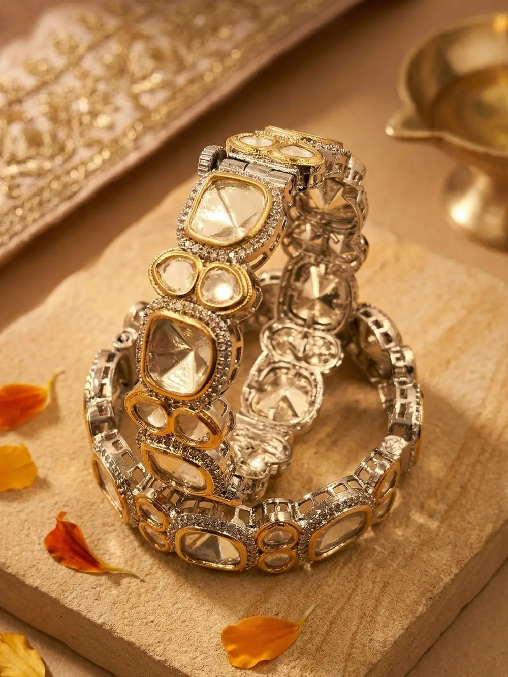 Dual Tone Victorian Uncut Polki Kundan Kada Bangles For Women | Wedding & Party Wear