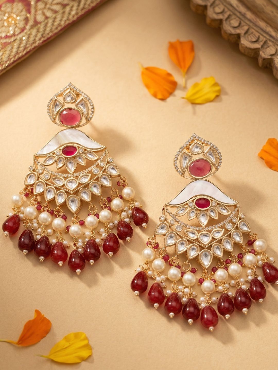 Designer Mother Of Pearl & Polki Kundan Chandbali Earrings with red bead drops | Wedding & Party Wear red kundan earrings 