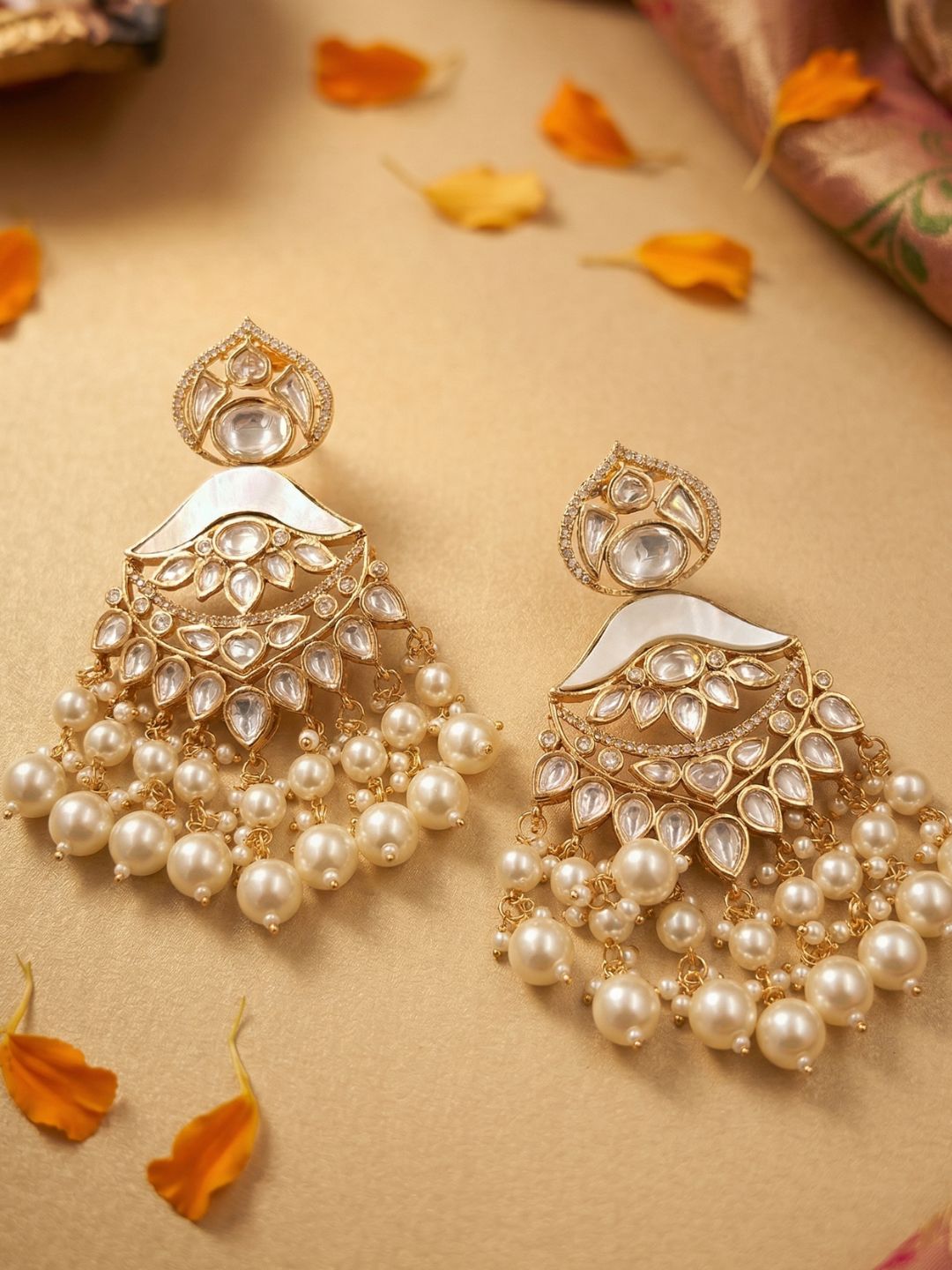 Designer Mother Of Pearl & Polki Kundan Chandbali Earrings with pearl bead drops | Wedding & Party Wear pearls kundan earrings 