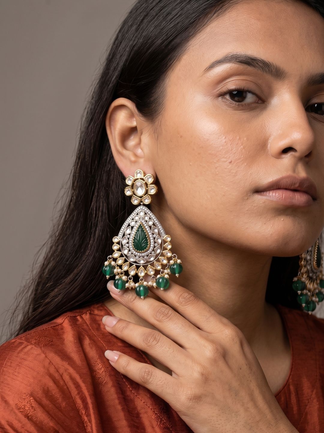 Dual Tone Green Kundan Polki Chandbali Earrings | Ethnic And Traditional Earrings