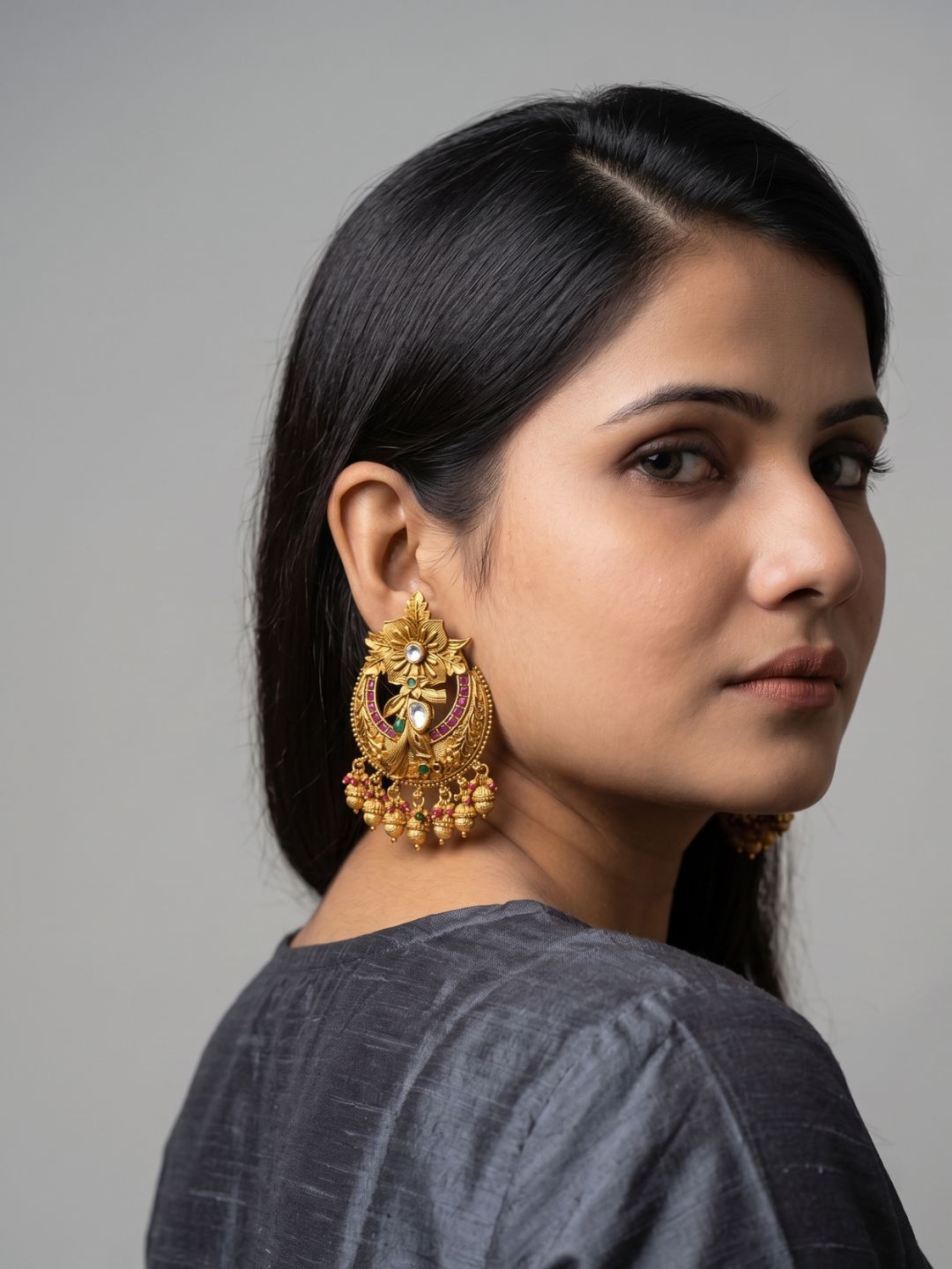 Gold Plated Antique Gold Chandbali Earrings With Floral Detailing handcrafted for ethnic and traditional wear 
