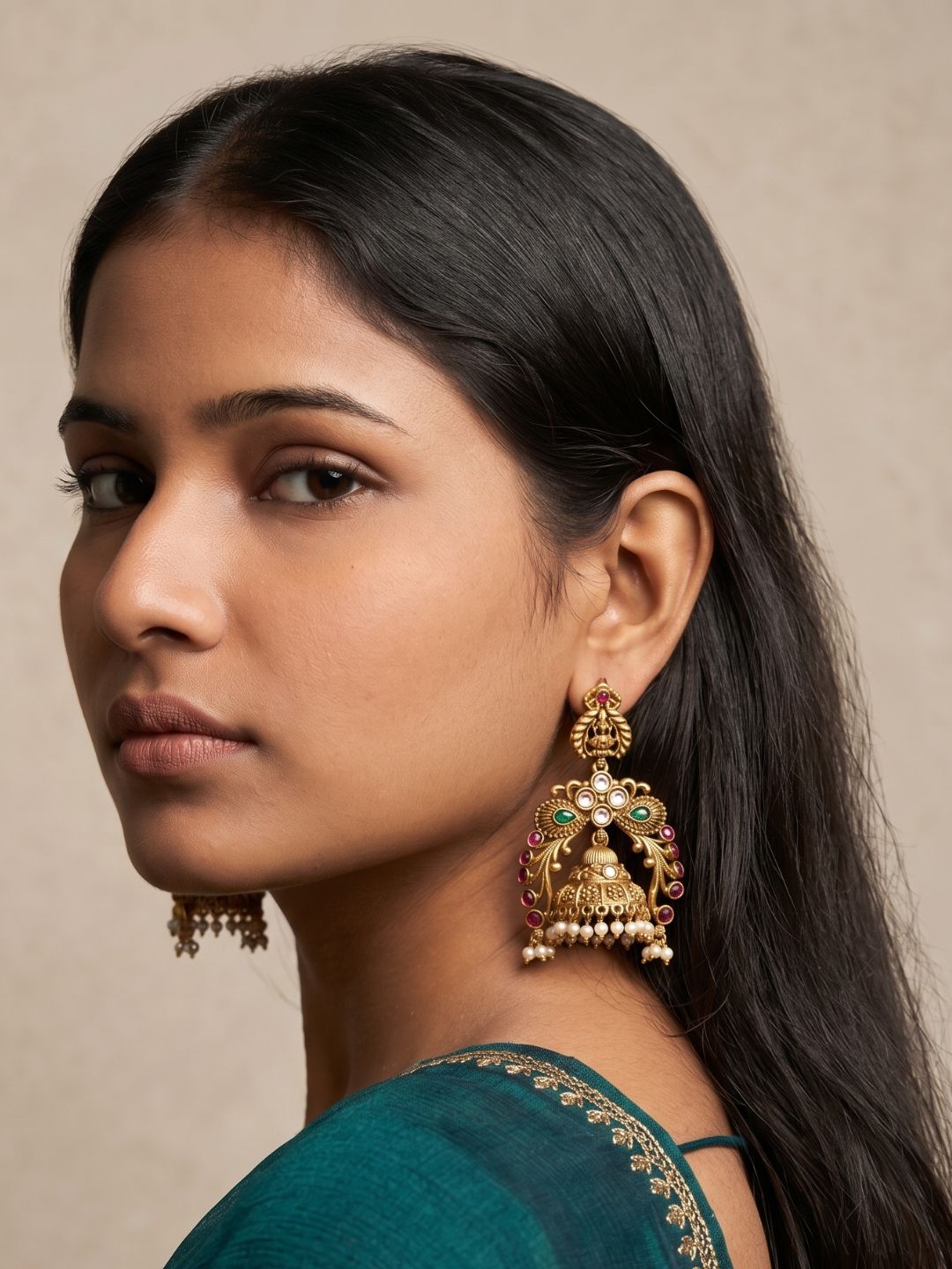 Traditional Antique Gold Lakshmi Temple Jhumka Earrings | Wedding & Festive Wear
