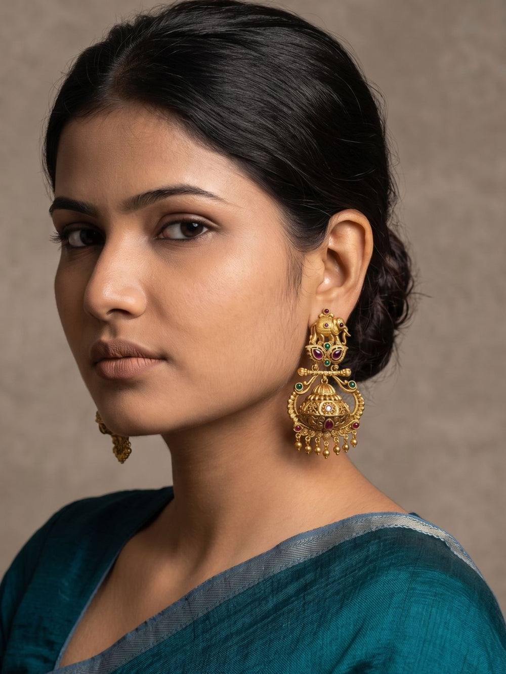 Antique Gold Elephant Temple Jhumka Earrings For Ethnic & Traditional Wear