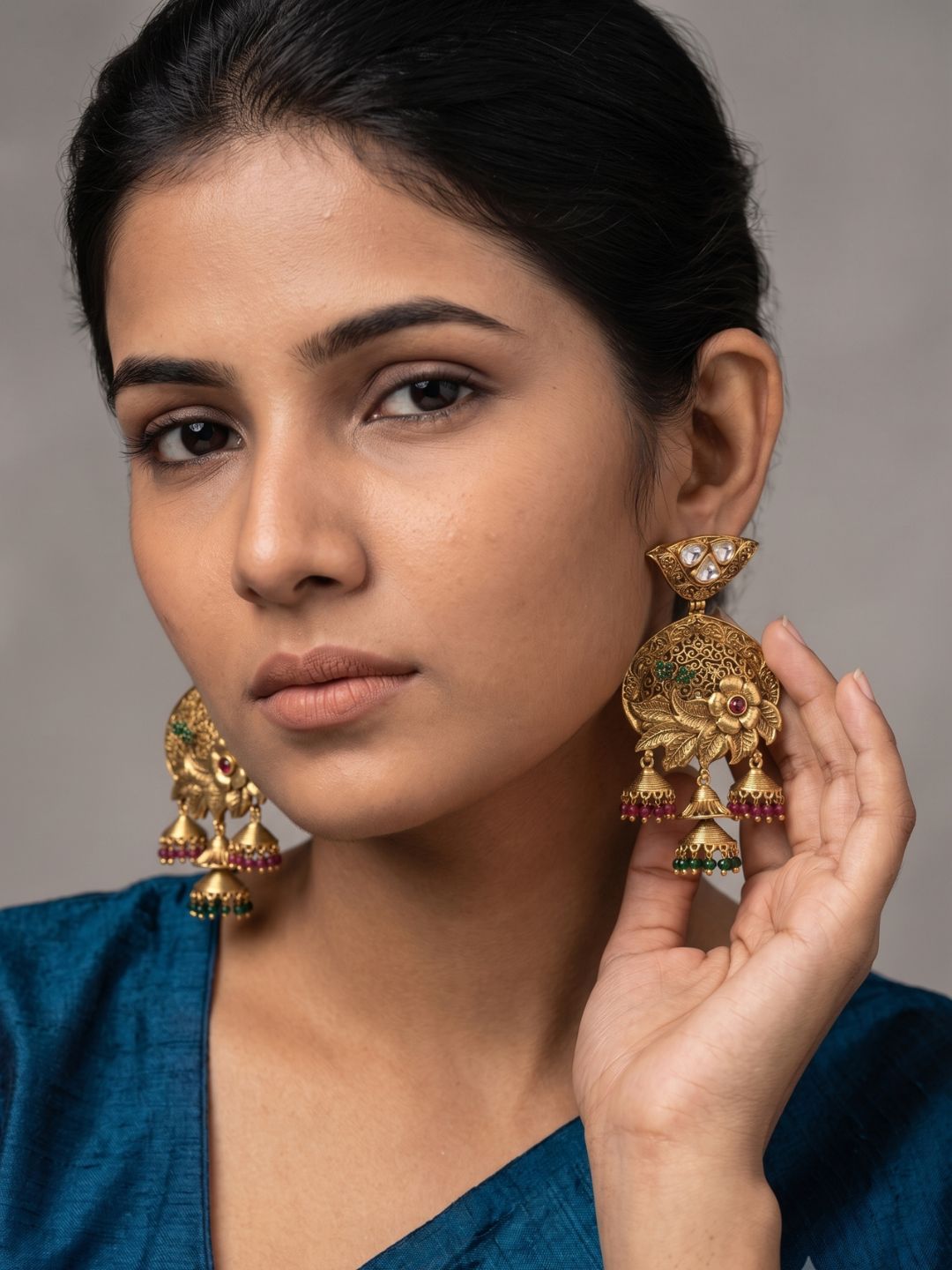 Antique Gold Plated Kundan Jhumka Earrings With Floral Design | Traditional Ethnic Earrings
