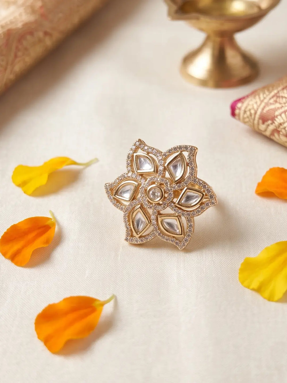 Elegant Flower Design Polki Finger Ring For Women | Ethnic Traditional & Statement
