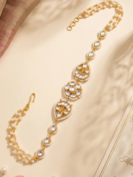 Elegant Gold Plated Pearl Kundan Sheeshpatti For Women | Festive & Bridal Pearl Sheeshphool for women 