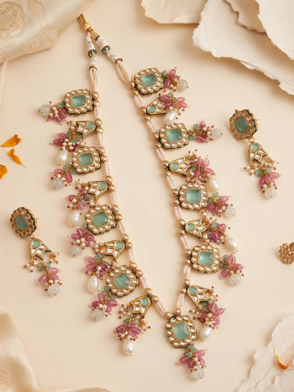 Ethnic Long Multicolor Beaded Necklace Set with Small Mint Green Kundan Pendants and Multiple Beaded Drops with matching long earrings | Wedding, Festive & Ethnic Wear Jewellery.