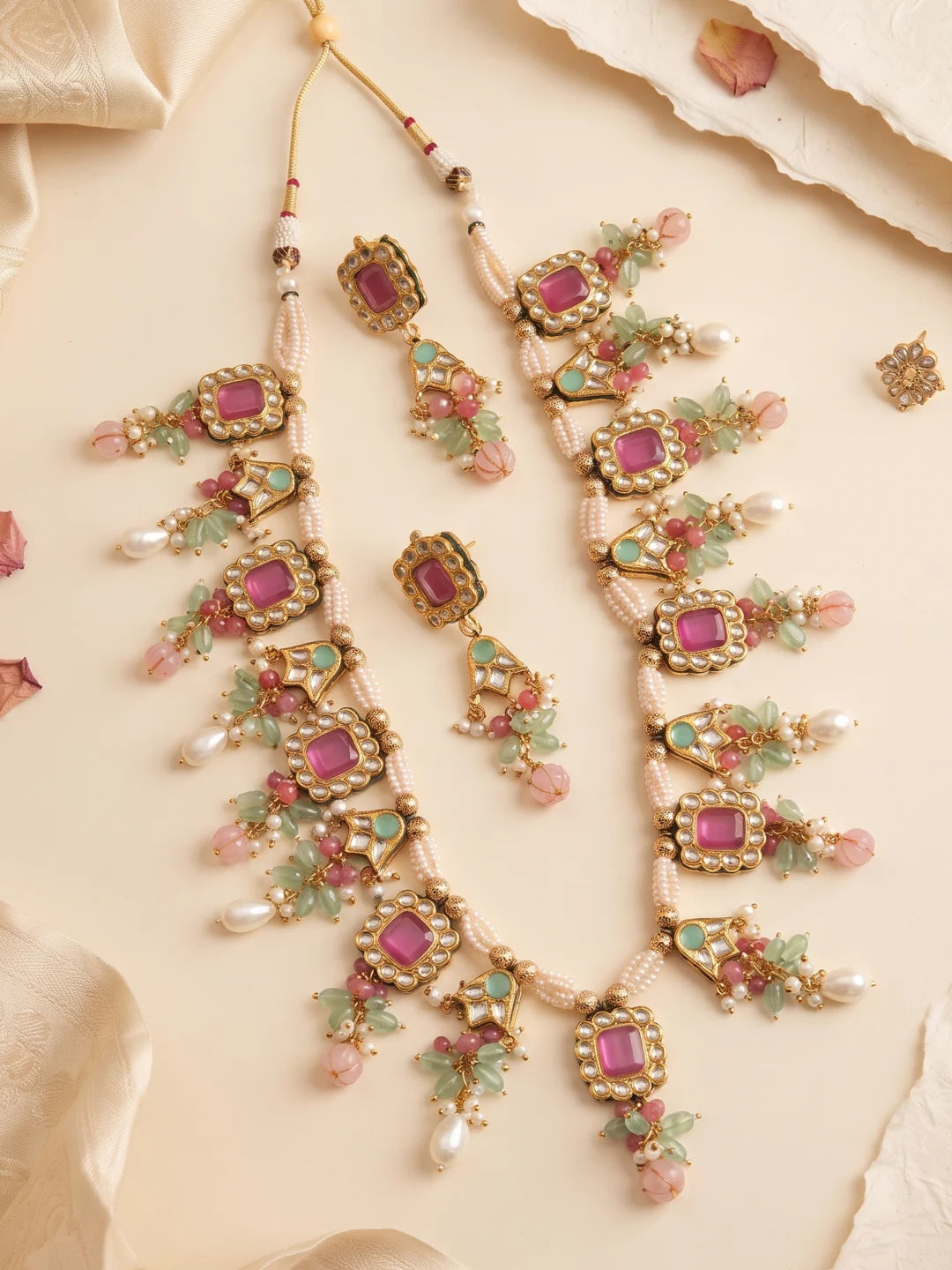 Ethnic Long Multicolor Beaded Necklace Set with Small Pink Kundan Pendants and Multiple Beaded Drops with matching long earrings | Wedding, Festive & Ethnic Wear Jewellery.
