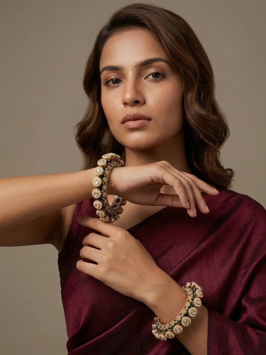 Gold Plated Green Meenakari Kundan Pearls Pacheli Kada Bangles For Women | Wedding & Bridal Wear