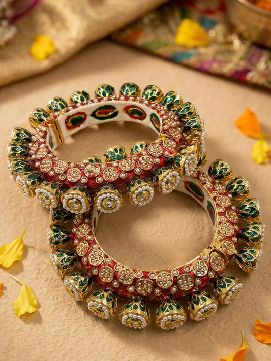 Ethnic Red Meenakari Kundan Pearls Pacheli Kada Bangles For Women | Wedding & Bridal Wear