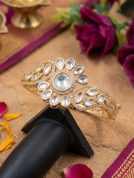 Gold Plated Floral Design Kundan Kada Bracelet For Women | Ethnic & Traditional Wear