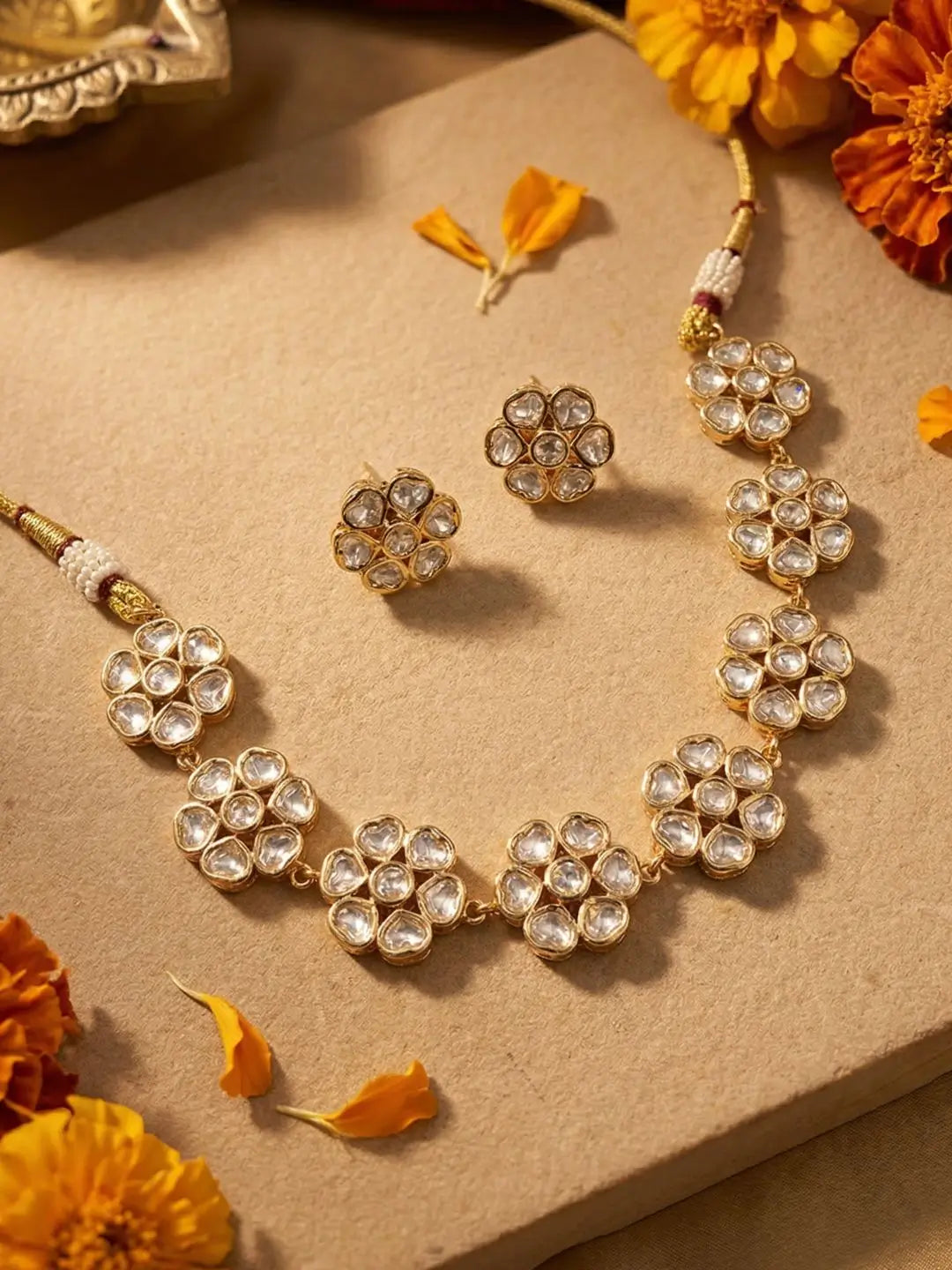 Contemporary Floral Design Indo Western Polki Necklace Set For Women
