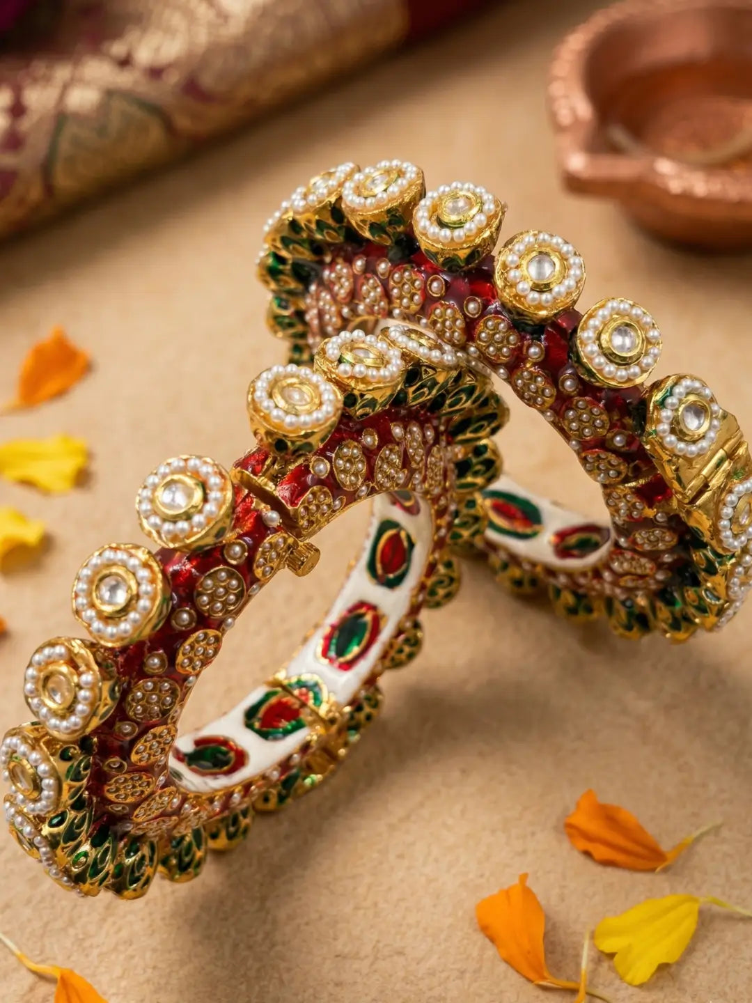 Ethnic Red Meenakari Kundan Pearls Pacheli Kada Bangles For Women | Wedding & Bridal Wear