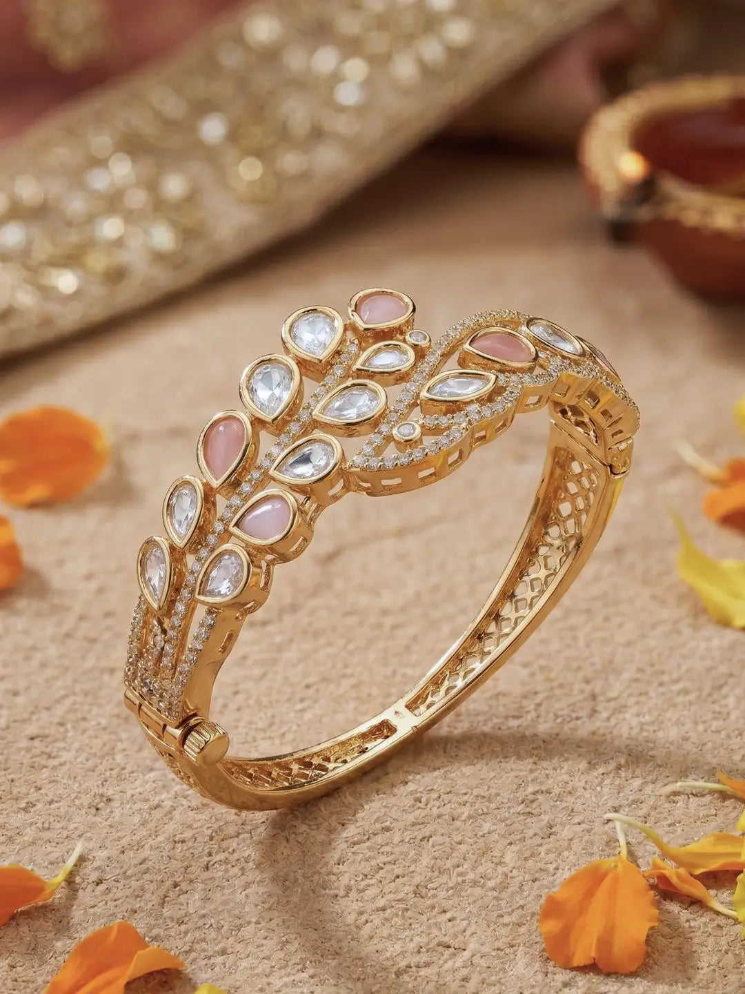 Gold Plated Ethnic baby pink stones Openable Kundan Kada Bracelet | Wedding And Festive Jewellery