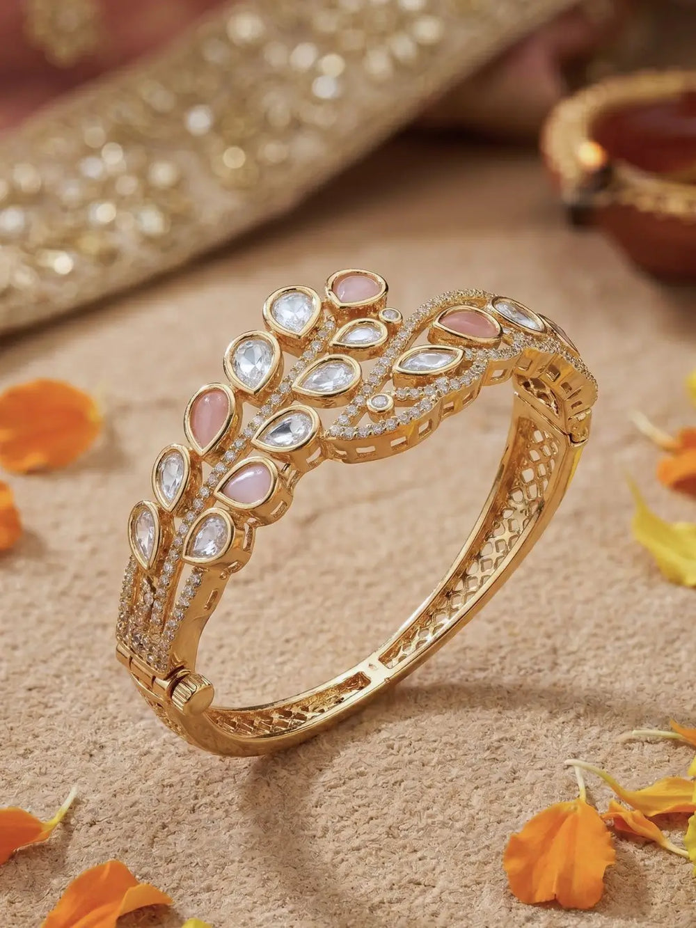 Gold Plated Ethnic baby pink stones Openable Kundan Kada Bracelet | Wedding And Festive Jewellery