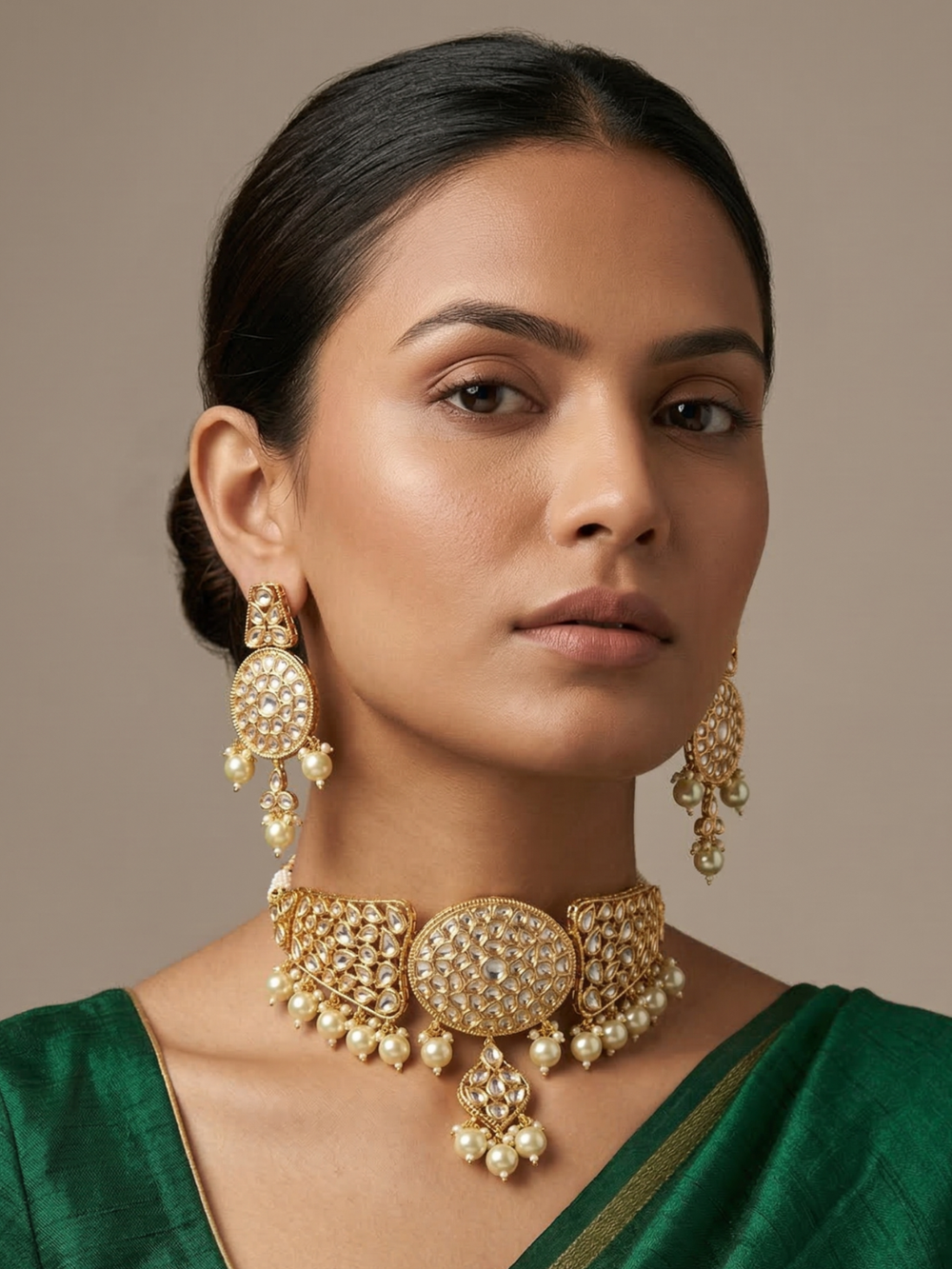 a women wearing a designer Gold Plated Kundan Choker Necklace And Earring Set  with pearl drops| Bridal & Wedding Wear