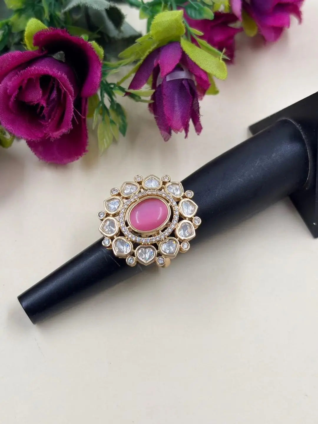Elegant Gold Plated Pink Floral Design Statement Kundan Ring For Women | Wedding & Festive Wear