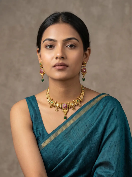 A woman wearing a teal blue saree with a gold border, styled with a gold plate antique golden necklace featuring pink stones and green bead drops, and matching gold earrings, set against a neutral textured brown background.